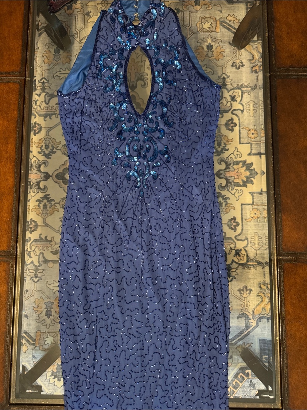 Vintage Sleeveless Navy Sequin Keyhole Prom Dress